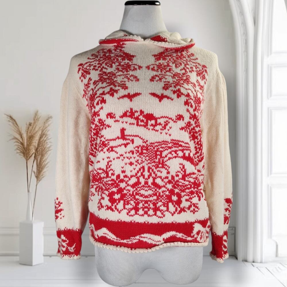 Vintage 80s Hand Knit Wool Angora Sweater Red Ivory Pastoral Novelty Knit S